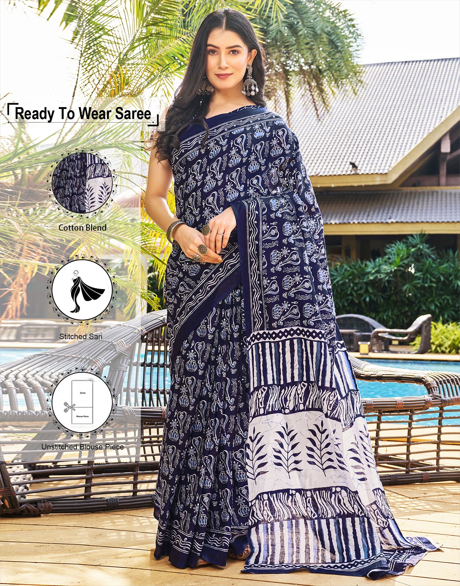     			Satrani Cotton Printed Saree With Blouse Piece - Navy Blue ( Pack of 1 )