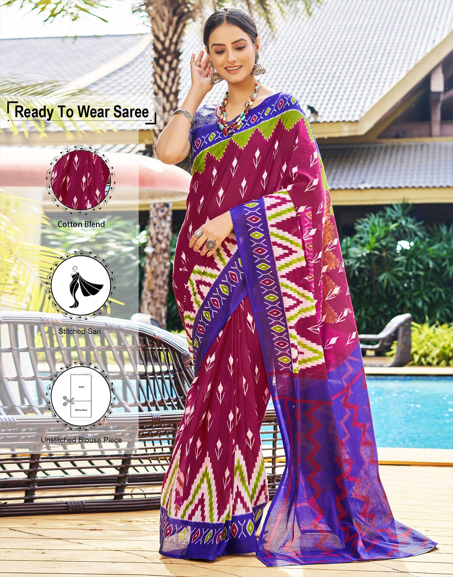     			Satrani Cotton Printed Saree With Blouse Piece - Magenta ( Pack of 1 )