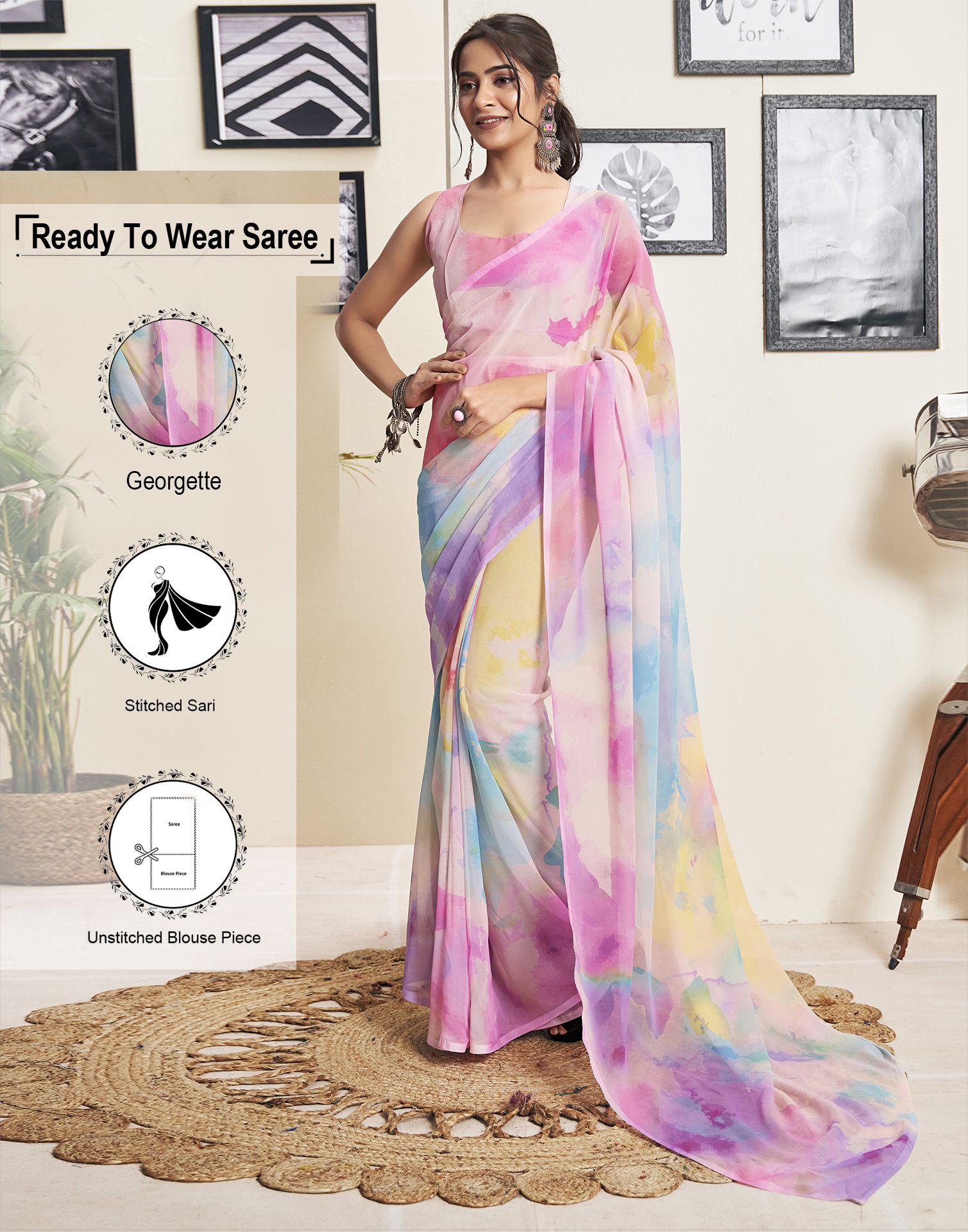     			Satrani Georgette Printed Saree With Blouse Piece - Multicolor1 ( Pack of 1 )