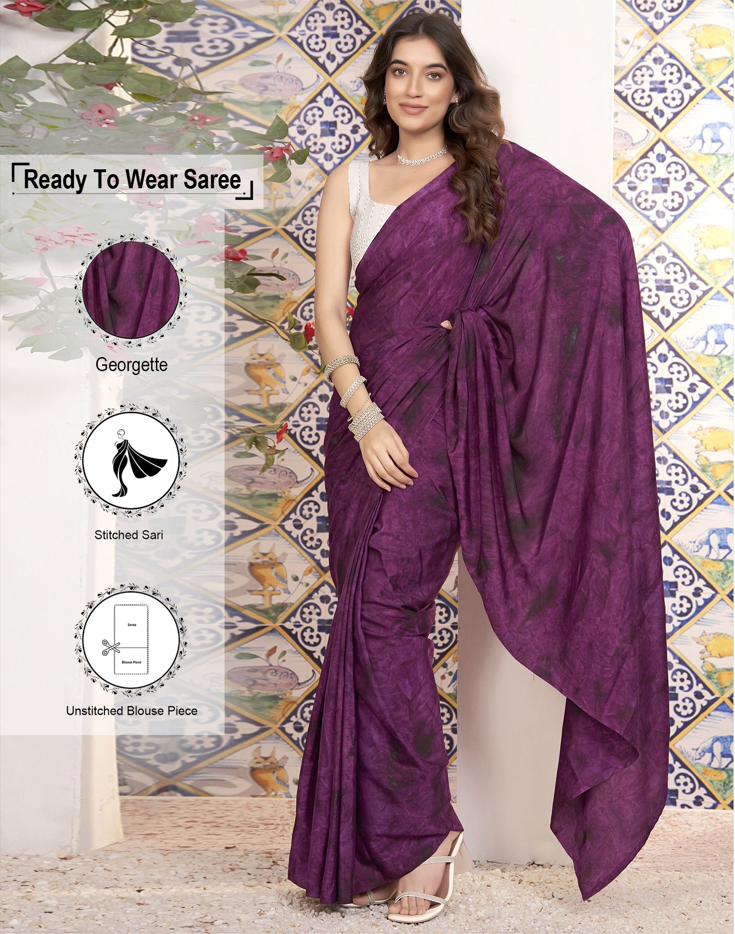     			Satrani Georgette Printed Saree With Blouse Piece - Purple ( Pack of 1 )