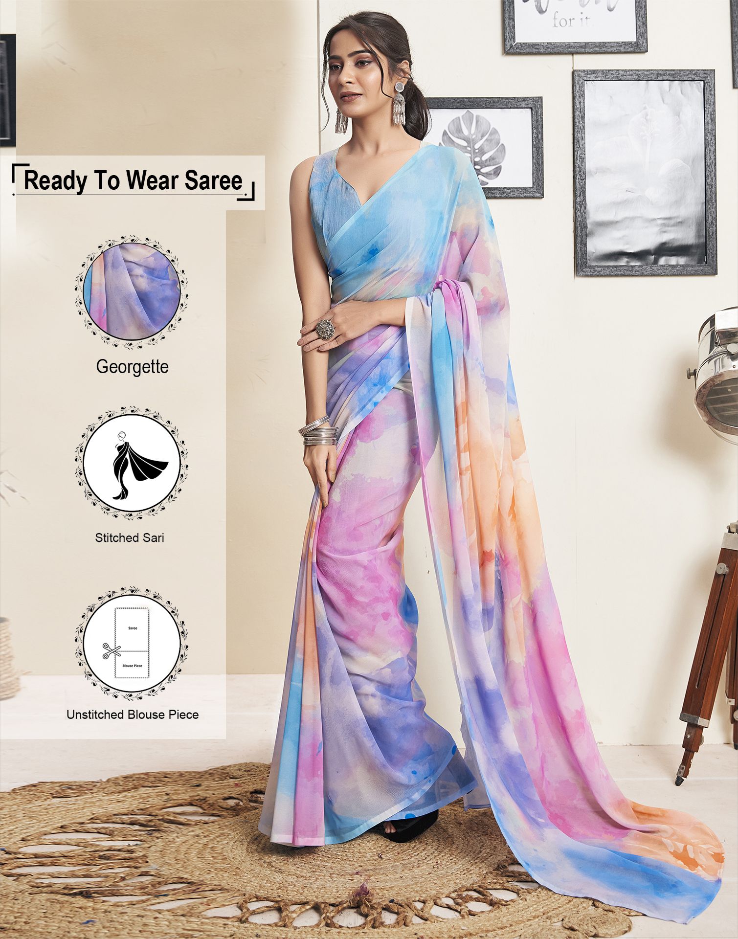     			Satrani Georgette Printed Saree With Blouse Piece - Multicolor ( Pack of 1 )