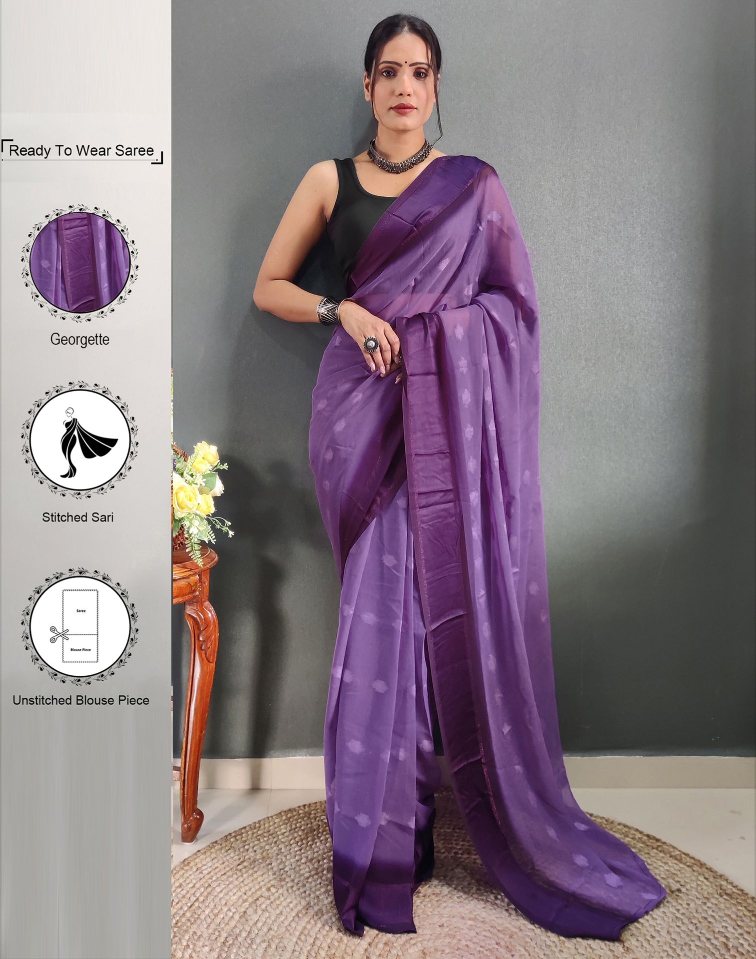     			Satrani Georgette Self Design Saree With Blouse Piece - Purple ( Pack of 1 )