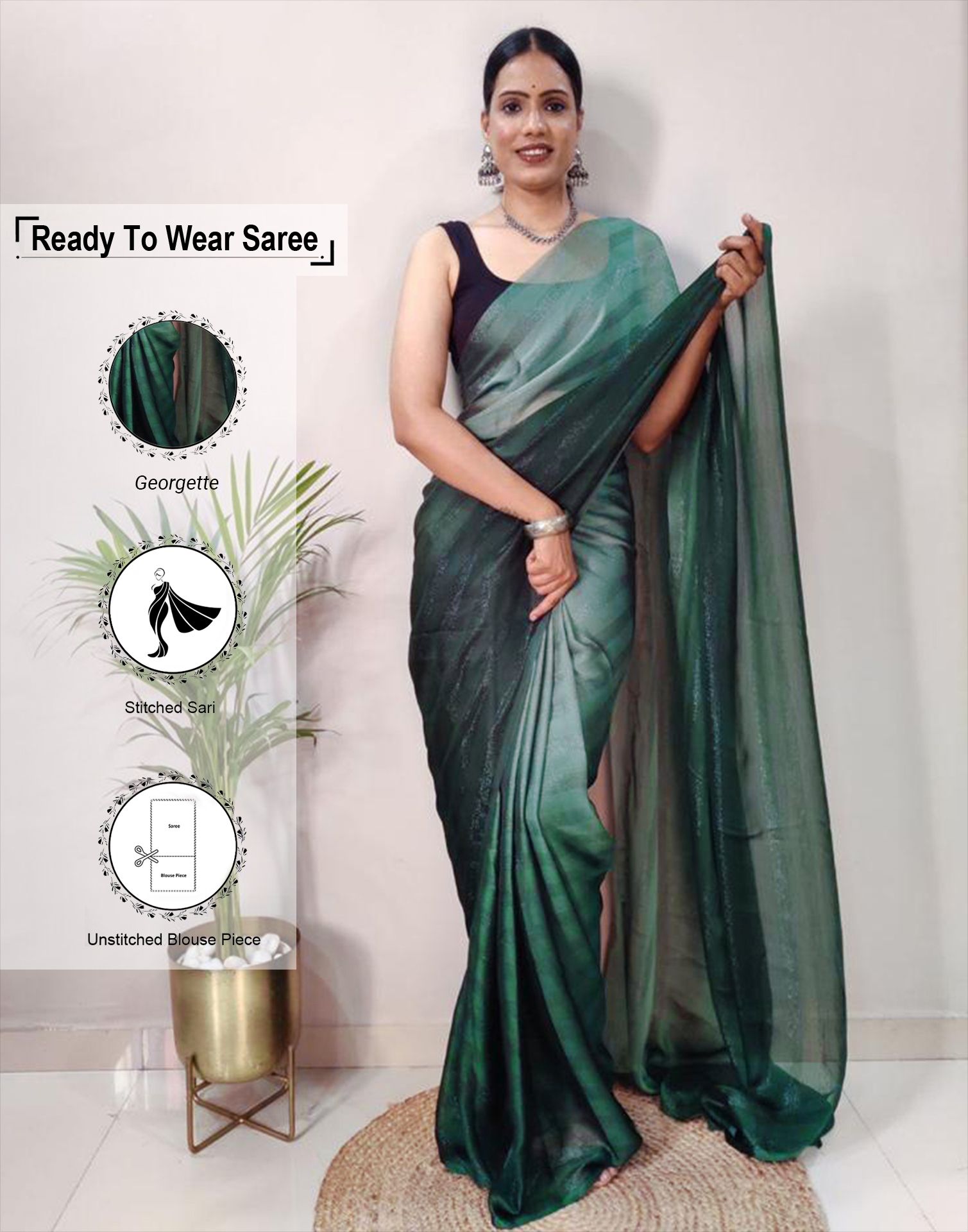     			Satrani Georgette Solid Saree With Blouse Piece - Green ( Pack of 1 )