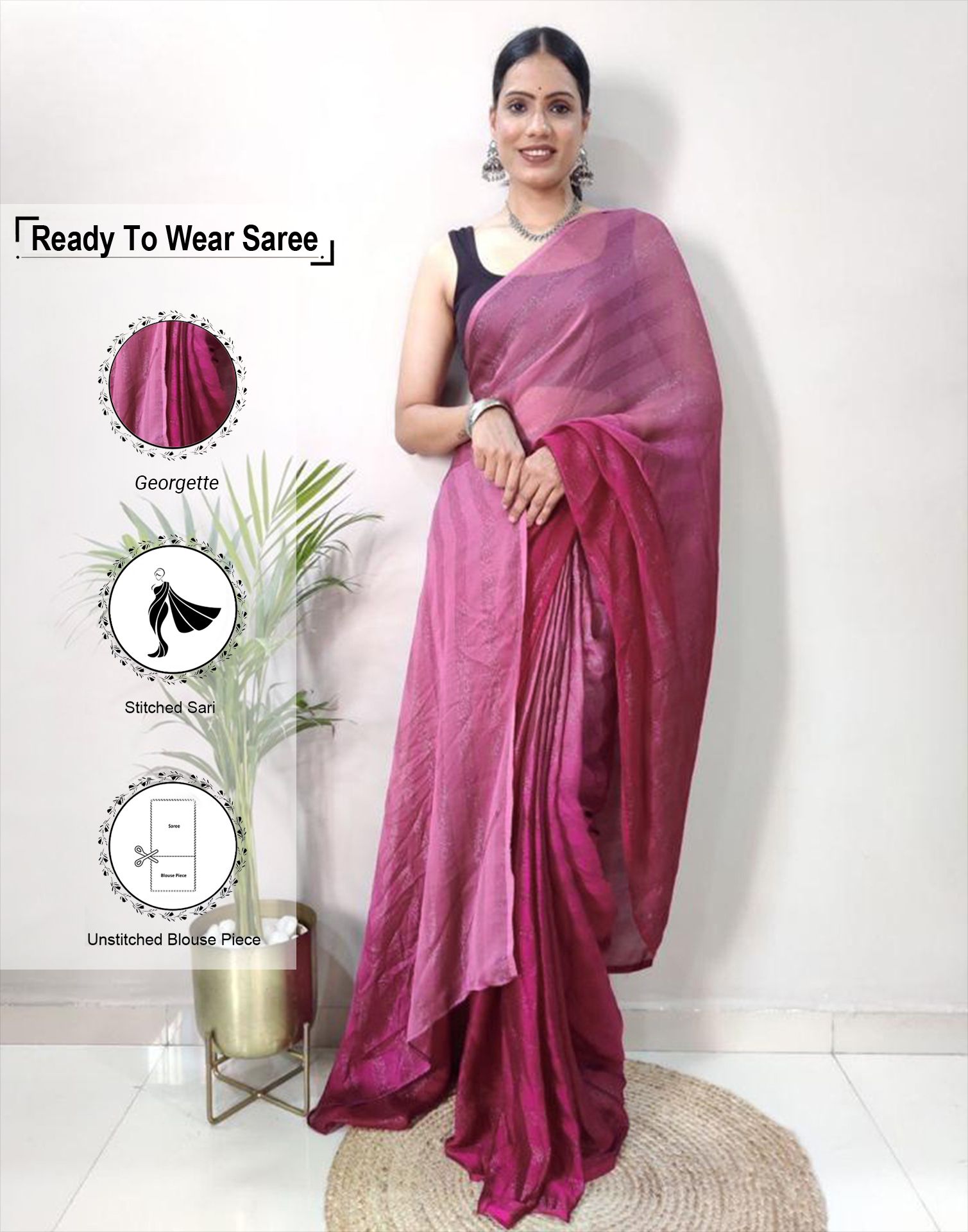     			Satrani Georgette Solid Saree With Blouse Piece - Pink ( Pack of 1 )