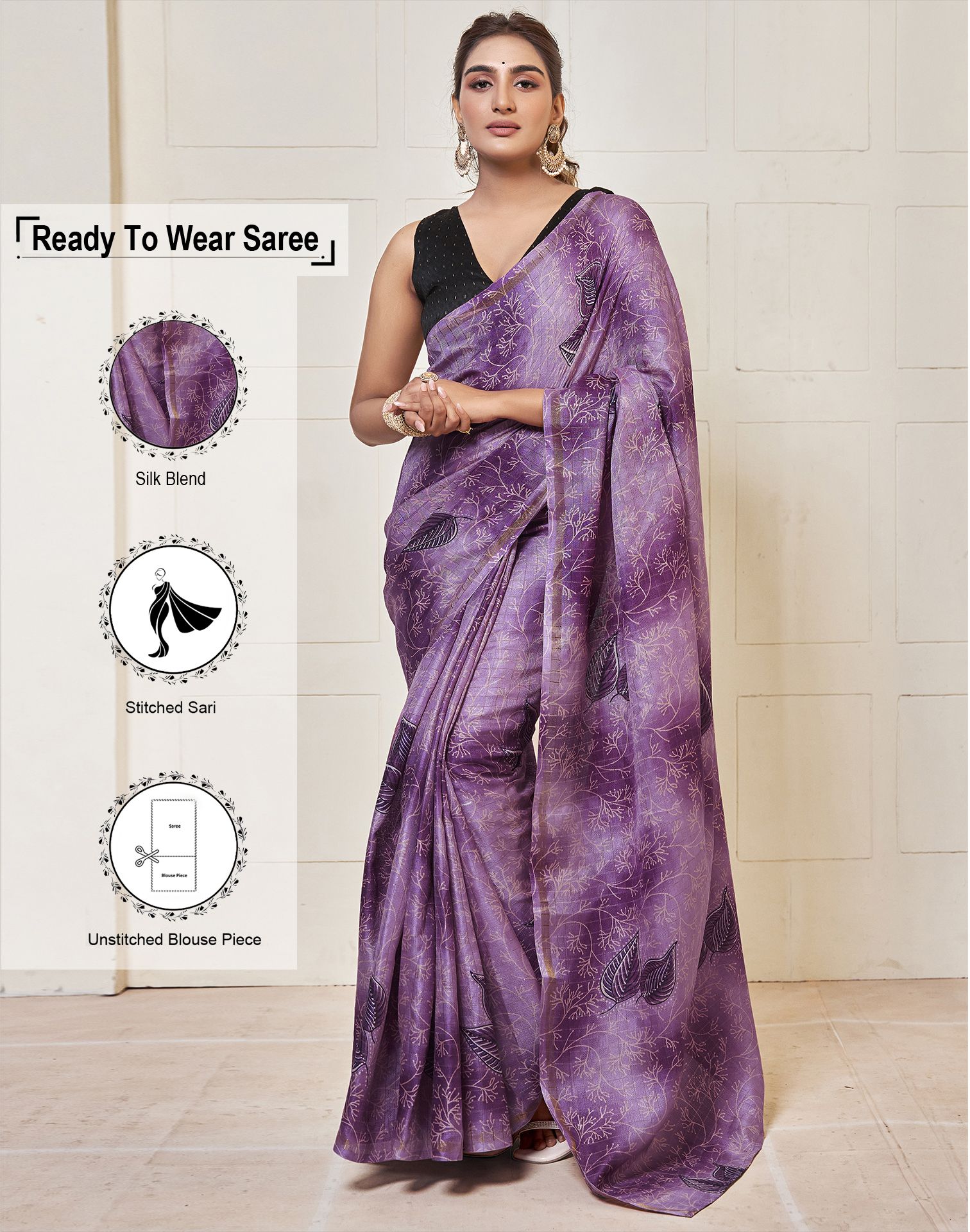     			Satrani Silk Blend Woven Saree With Blouse Piece - Lavender ( Pack of 1 )