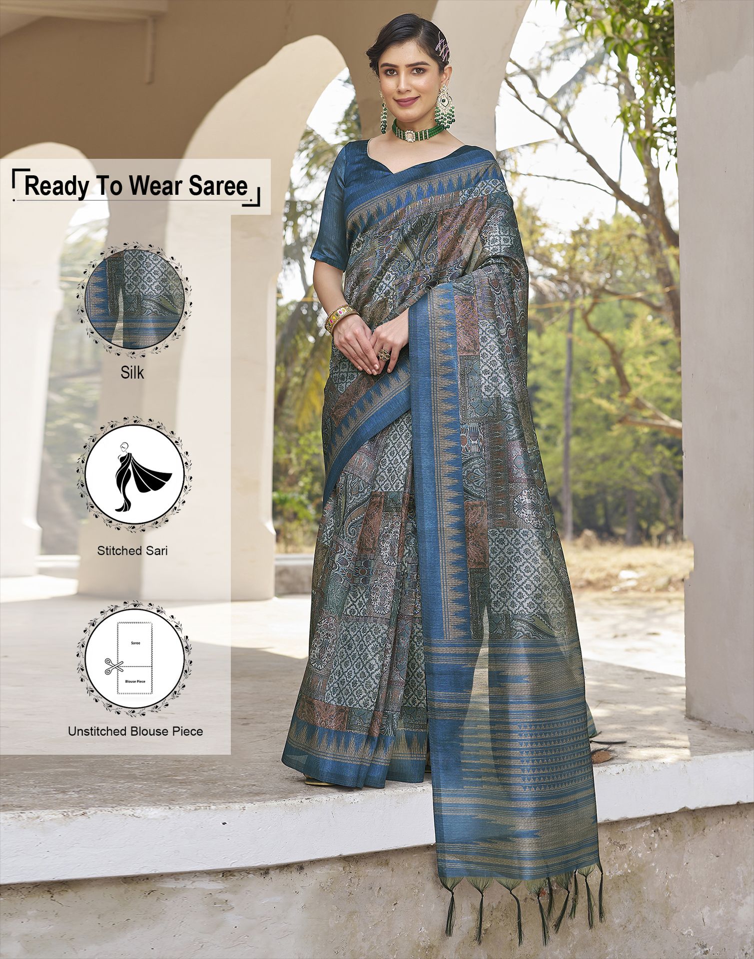     			Satrani Silk Printed Saree With Blouse Piece - Blue ( Pack of 1 )