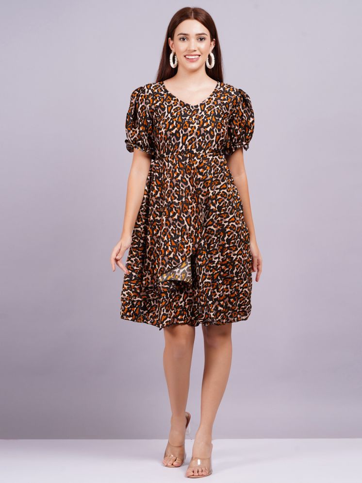     			HIGHLIGHT FASHION EXPORT Crepe Printed Knee Length Women's Fit & Flare Dress - Brown ( Pack of 1 )