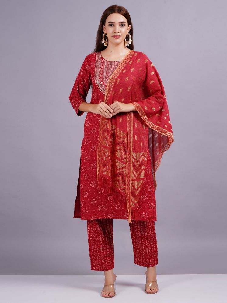     			JAI SHIVAM TRADERS Silk Printed Kurti With Pants Women's Stitched Salwar Suit - Red ( Pack of 1 )