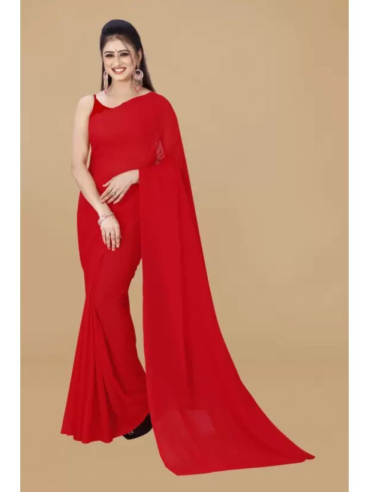     			ASTYLOR Georgette Solid Saree Without Blouse Piece - Red ( Pack of 1 )