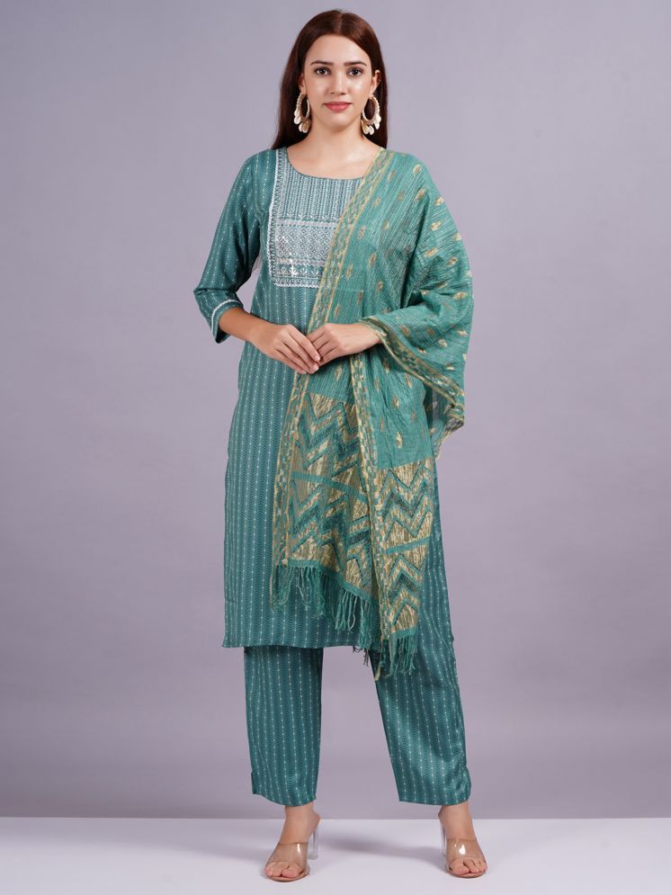     			Jyoti Saree Silk Printed Kurti With Pants Women's Stitched Salwar Suit - Green ( Pack of 1 )