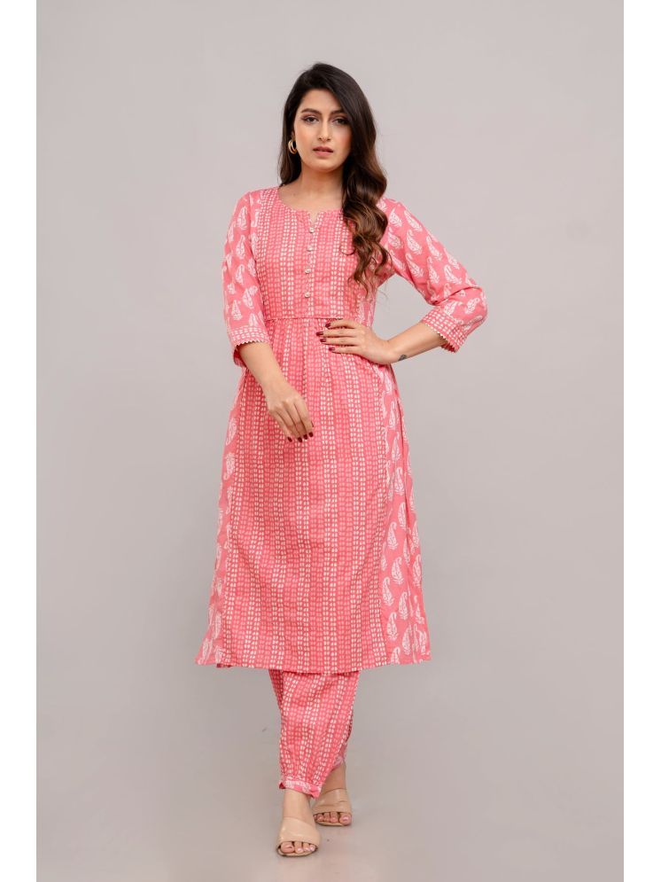     			Frionkandy Cotton Printed Kurti With Pants Women's Stitched Salwar Suit - Pink ( Pack of 1 )