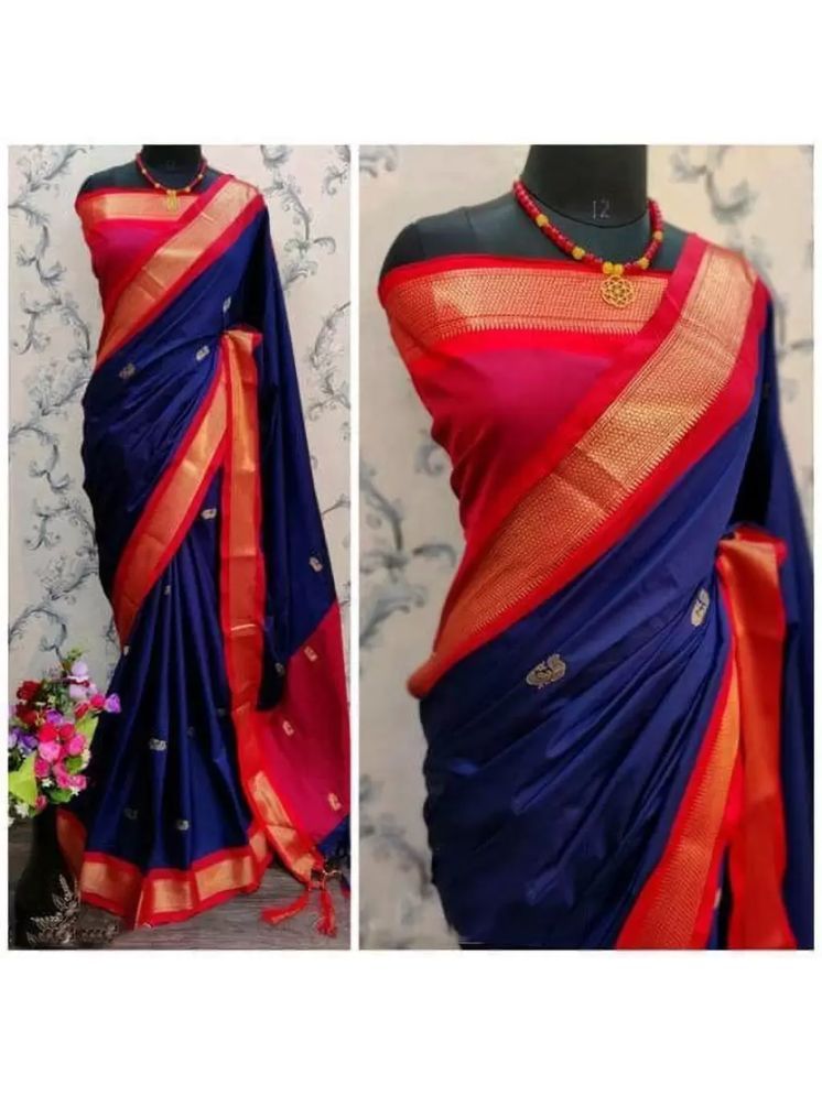     			VEERAIVA Cotton Silk Woven Saree With Blouse Piece - Navy Blue ( Pack of 1 )