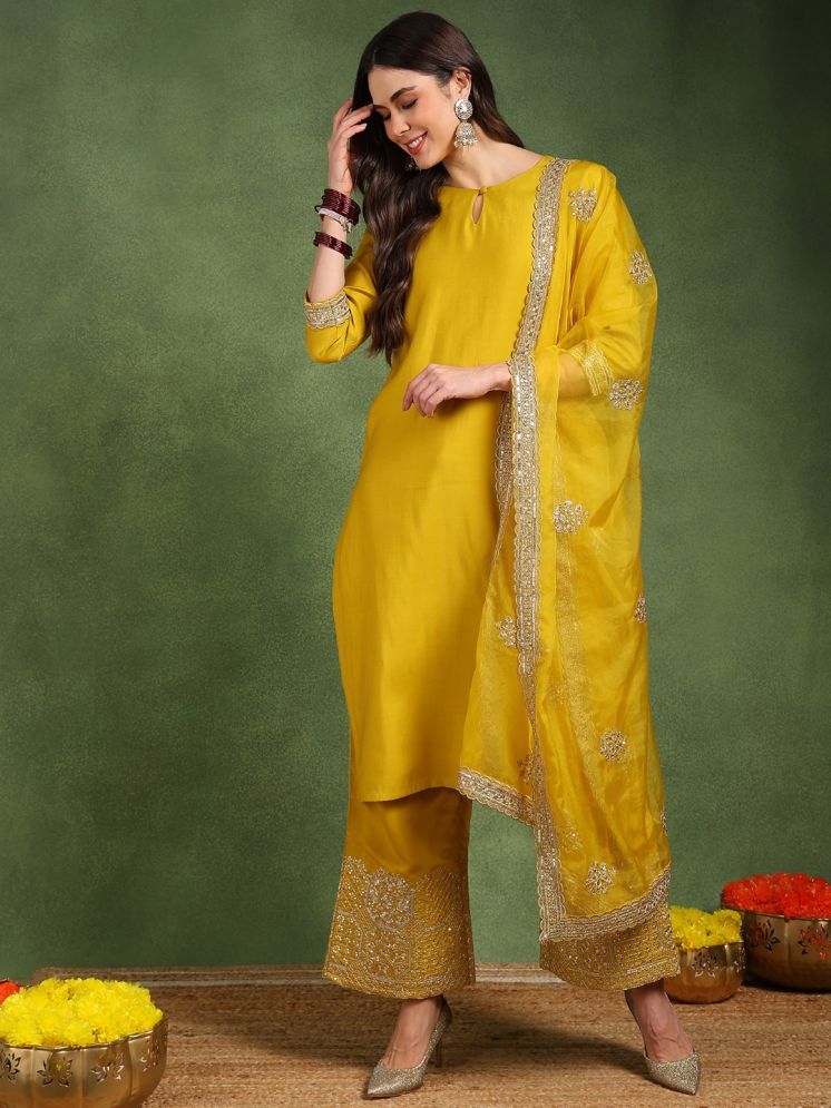     			Vaamsi Silk Blend Solid Kurti With Palazzo Women's Stitched Salwar Suit - Yellow ( Pack of 1 )