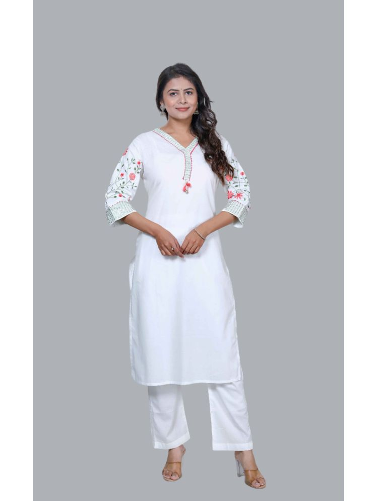     			miravan Cotton Embroidered Kurti With Palazzo Women's Stitched Salwar Suit - White ( Pack of 1 )