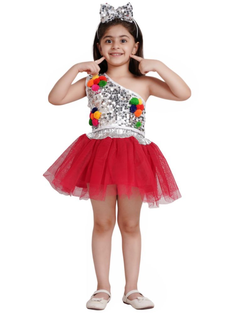     			Kaku Fancy Dresses Silver Princess Top With Magenta Net Skirt & Hairband - Silver/Magenta, 7-8 Years, For Girls