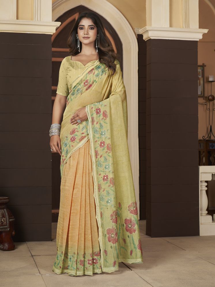     			Rekha Maniyar Organza Printed Saree With Blouse Piece - Mustard ( Pack of 1 )