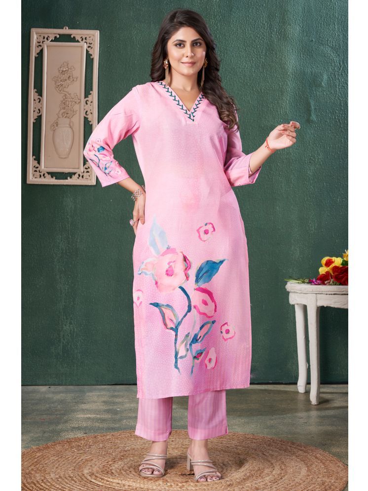     			MOJILAA Silk Blend Printed Kurti With Pants Women's Stitched Salwar Suit - Pink ( Pack of 1 )