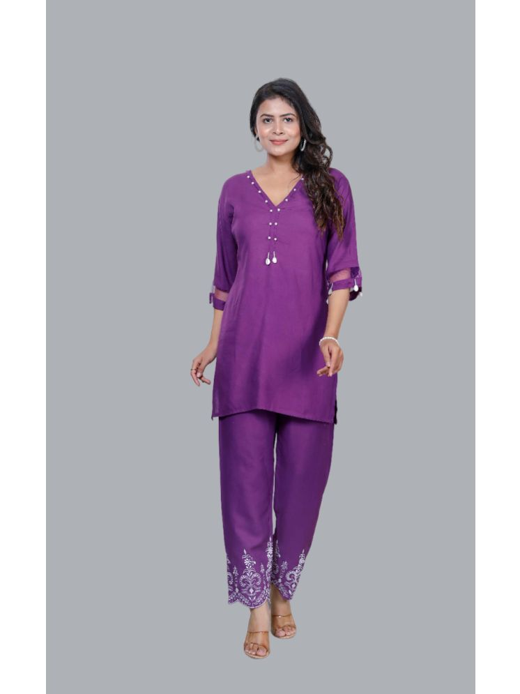     			miravan Rayon Embellished Kurti With Palazzo Women's Stitched Salwar Suit - Purple ( Pack of 1 )