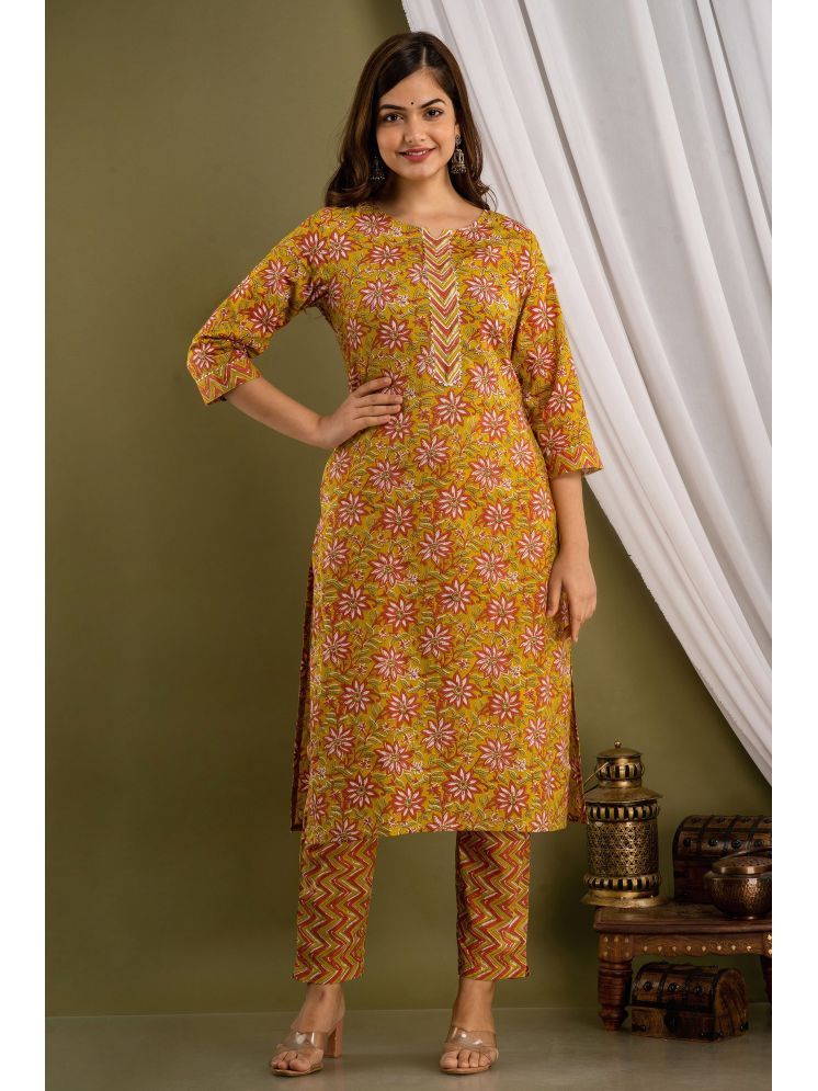     			Sarli Cotton Printed Kurti With Pants Women's Stitched Salwar Suit - Yellow ( Pack of 1 )