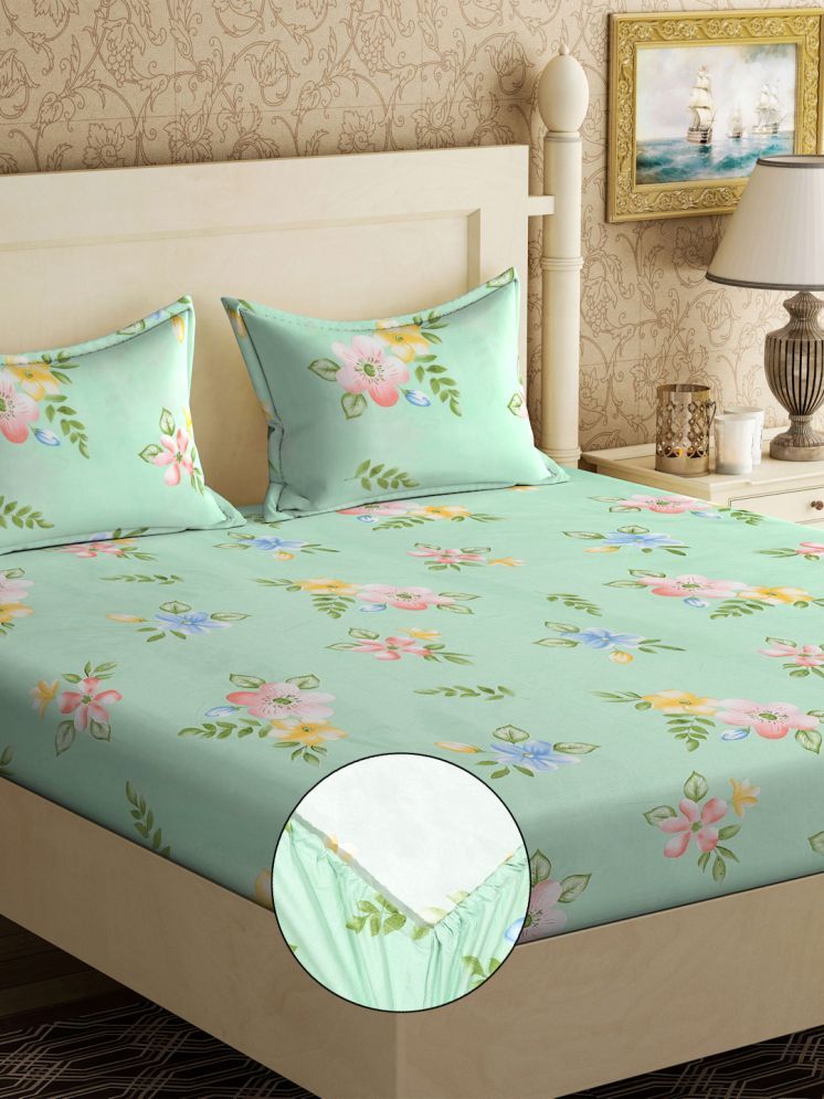     			Klotthe Poly Cotton Floral Printed 1 Double with 2 Pillow Covers - Green