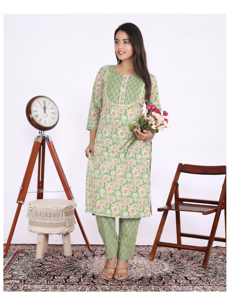     			Vashineh Cotton Printed Kurti With Pants Women's Stitched Salwar Suit - Green ( Pack of 1 )