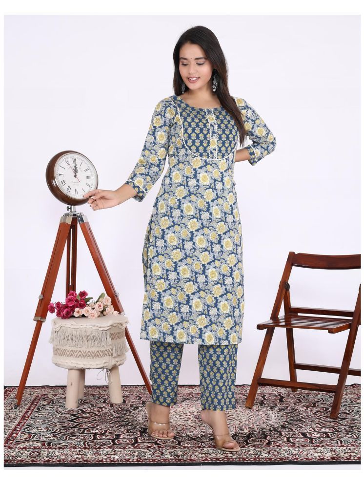     			Vashineh Cotton Printed Kurti With Pants Women's Stitched Salwar Suit - Blue ( Pack of 1 )