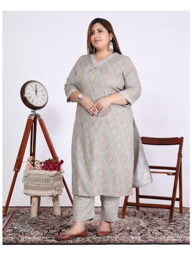     			Vashineh Cotton Silk Printed Kurti With Pants Women's Stitched Salwar Suit - Grey ( Pack of 1 )