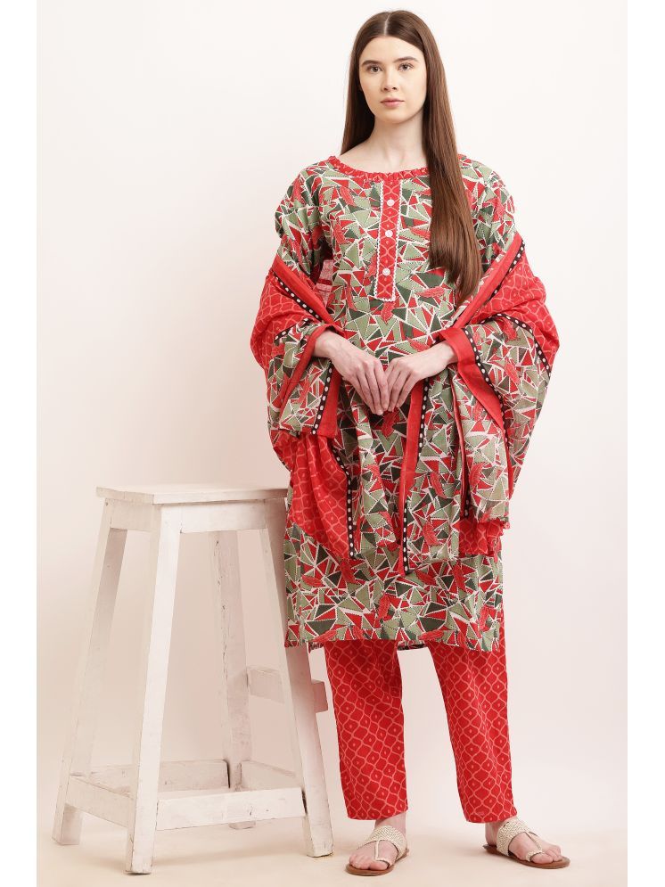     			KETAKI FASHION Cotton Printed Kurti With Pants Women's Stitched Salwar Suit - Red ( Pack of 1 )