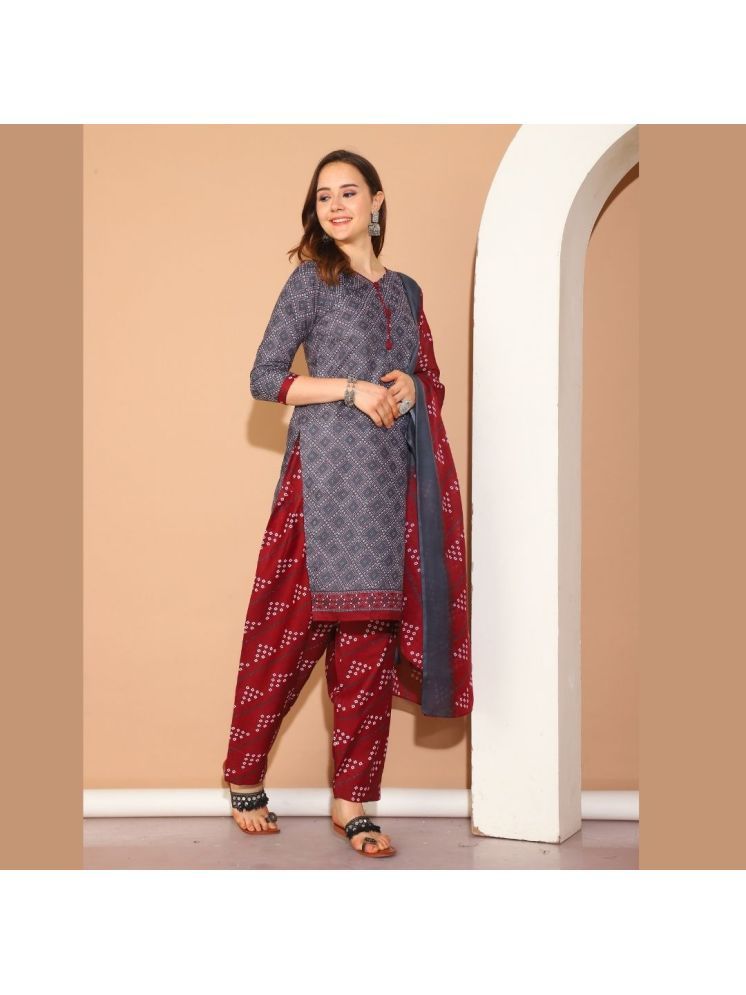     			wonder weave Cotton Blend Printed Kurti With Patiala Women's Stitched Salwar Suit - Grey ( Pack of 1 )