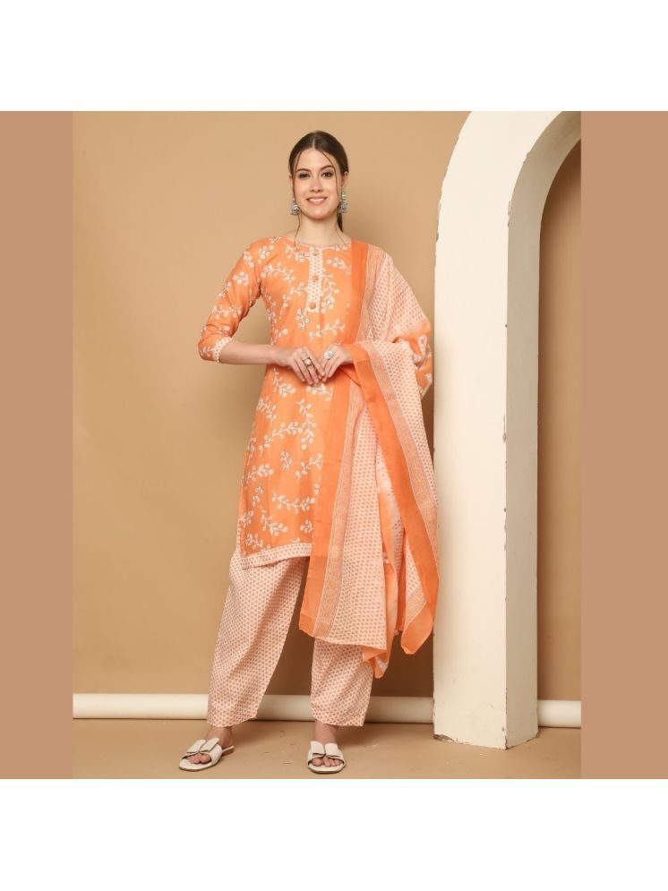     			wonder weave Cotton Blend Printed Kurti With Patiala Women's Stitched Salwar Suit - Orange ( Pack of 1 )