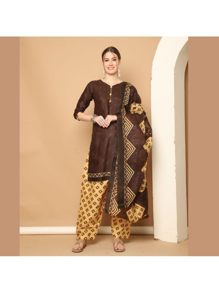     			wonder weave Cotton Blend Printed Kurti With Patiala Women's Stitched Salwar Suit - Brown ( Pack of 1 )