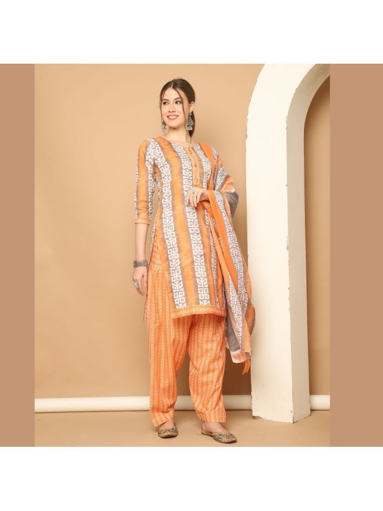     			wonder weave Cotton Blend Printed Kurti With Patiala Women's Stitched Salwar Suit - Orange ( Pack of 1 )