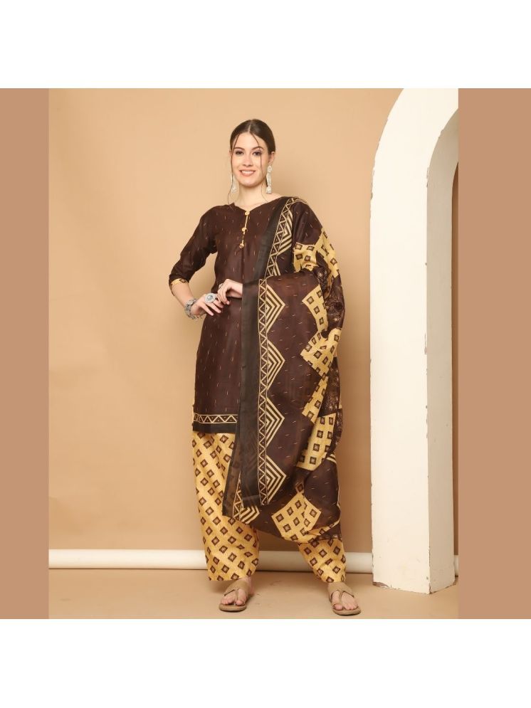     			wonder weave Cotton Blend Printed Kurti With Patiala Women's Stitched Salwar Suit - Brown ( Pack of 1 )