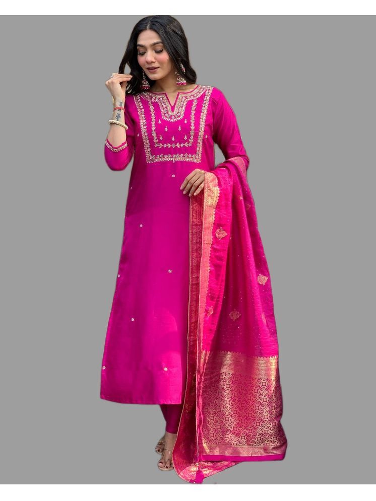     			MEHZEEL FAB Silk Blend Embroidered Kurti With Pants Women's Stitched Salwar Suit - Pink ( Pack of 1 )