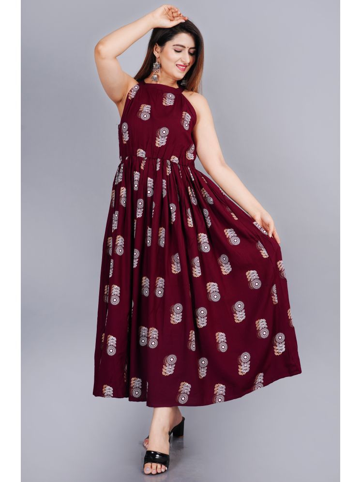     			SIPET Rayon Printed Ankle Length Women's Fit & Flare Dress - Maroon ( Pack of 1 )