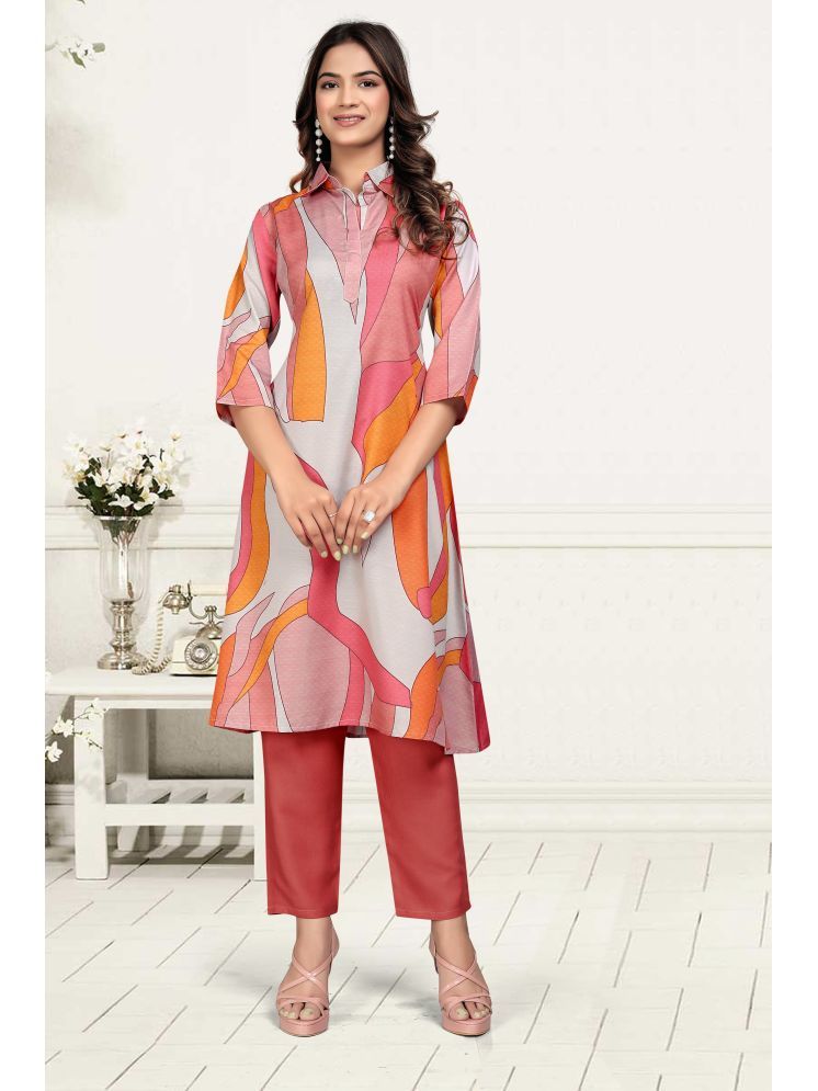     			A TO Z CART Cotton Blend Printed Kurti With Pants Women's Stitched Salwar Suit - Orange ( Pack of 1 )