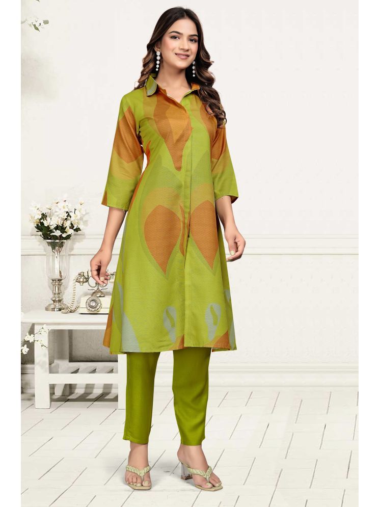     			A TO Z CART Cotton Blend Printed Kurti With Pants Women's Stitched Salwar Suit - Olive ( Pack of 1 )