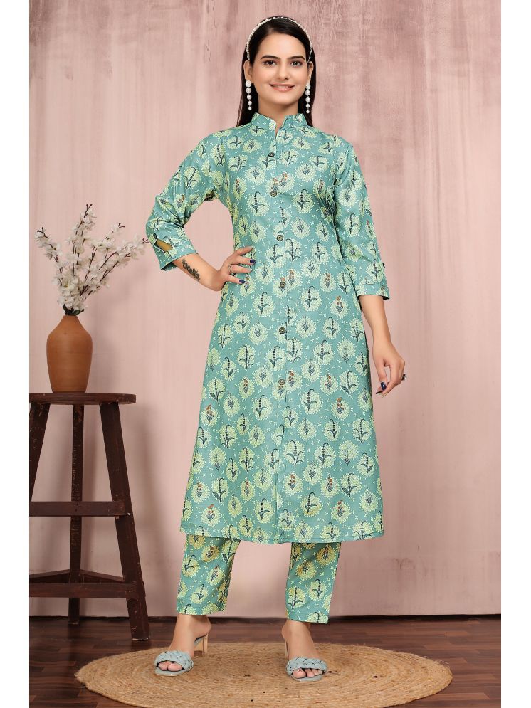     			A TO Z CART Rayon Printed Kurti With Pants Women's Stitched Salwar Suit - Teal ( Pack of 1 )