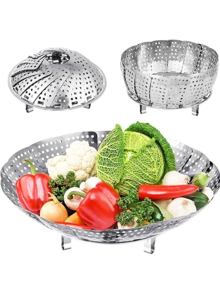     			DHSMART Silver Stainless Steel Vegetable Fruit Steamer Punching Food Drain Basket ( Set of 1 )