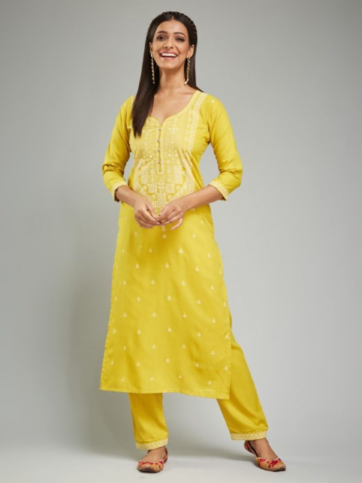     			JULEE Cotton Blend Printed Kurti With Pants Women's Stitched Salwar Suit - Yellow ( Pack of 1 )