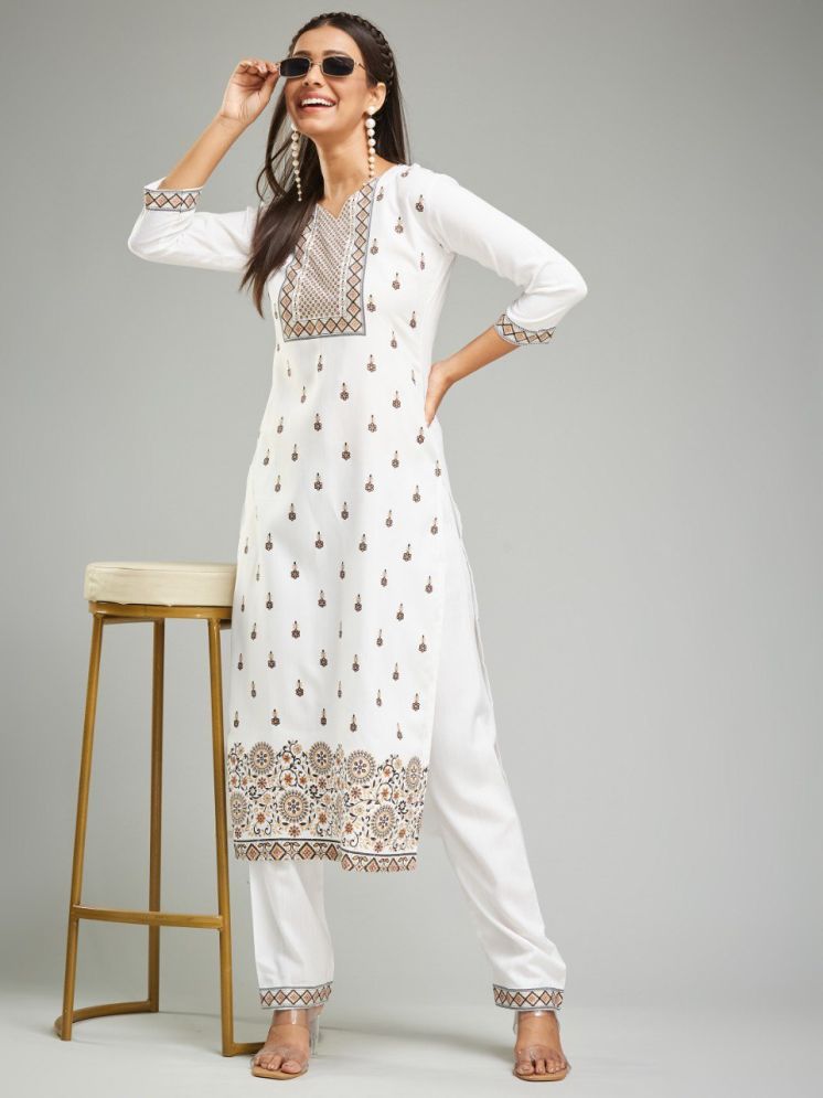     			Lady Shopi Chanderi Printed Kurti With Pants Women's Stitched Salwar Suit - White ( Pack of 1 )