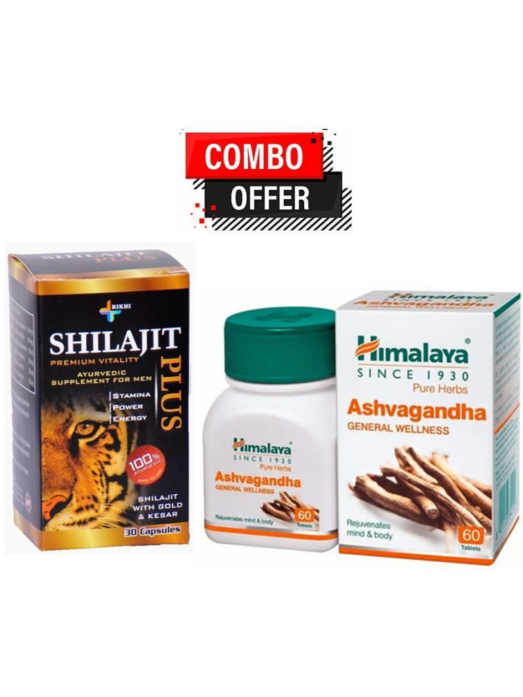     			Rikhi Shilajit Plus Capsule 30 no.s & Himalaya Ashvagandha Rejuvenates Mind & Body 60 Tablets Pack Of 1