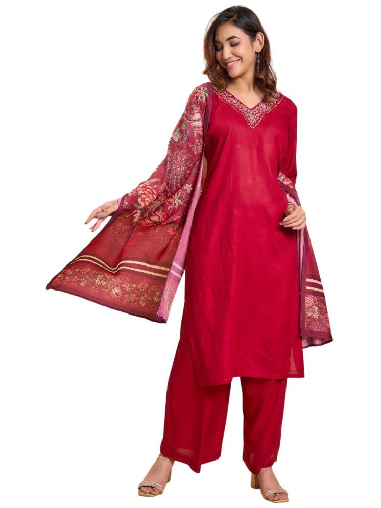     			Apnisha Rayon Embroidered Kurti With Pants Women's Stitched Salwar Suit - Red ( Pack of 1 )