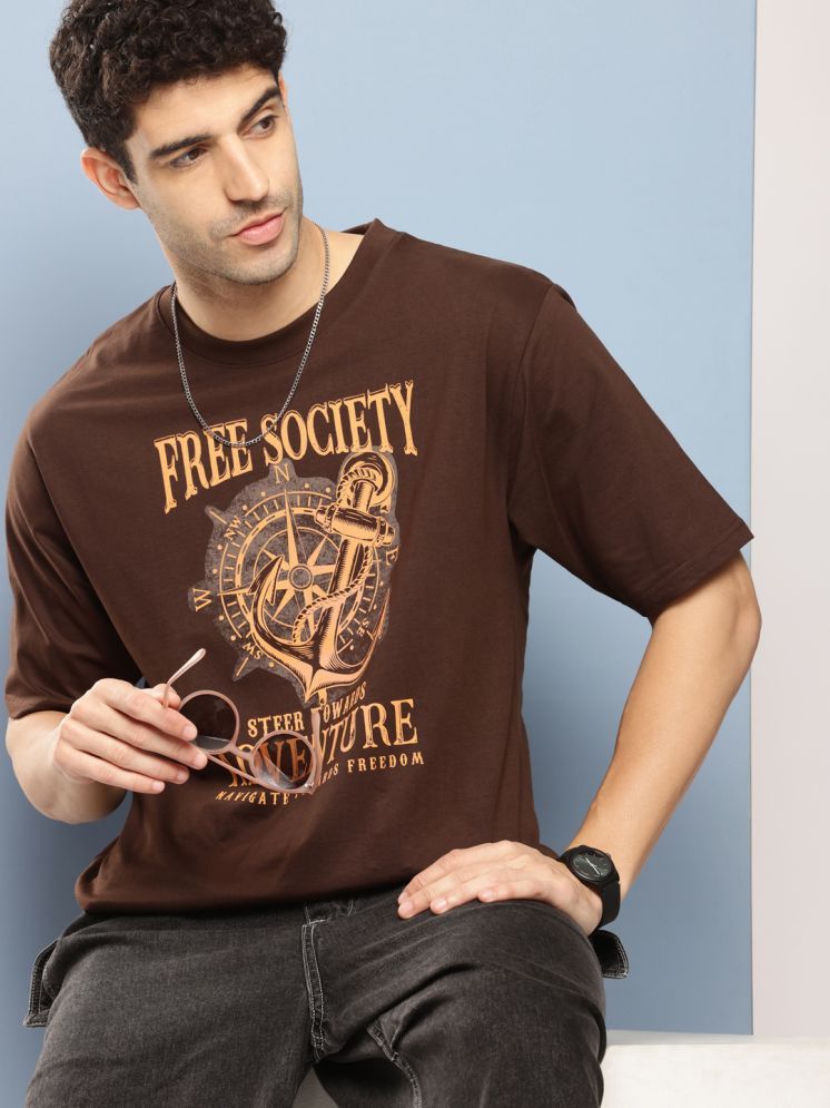     			Free Society 100% Cotton Oversized Fit Printed Half Sleeves Men's Round T-Shirt - Brown ( Pack of 1 )