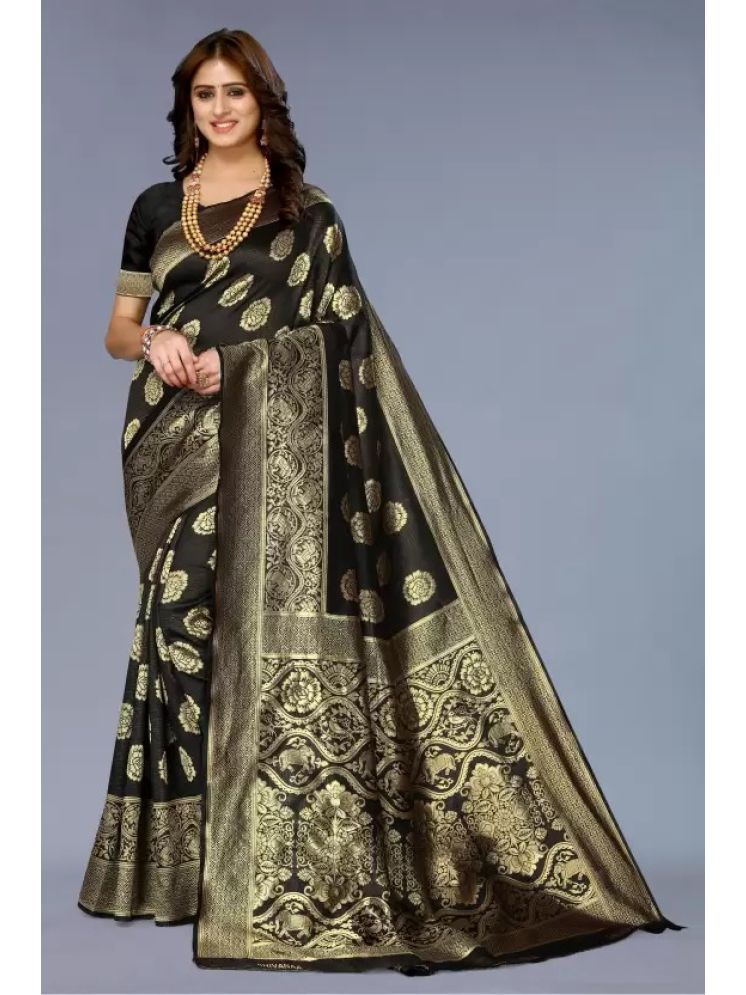     			Saadhvi Art Silk Printed Saree With Blouse Piece - Black ( Pack of 1 )