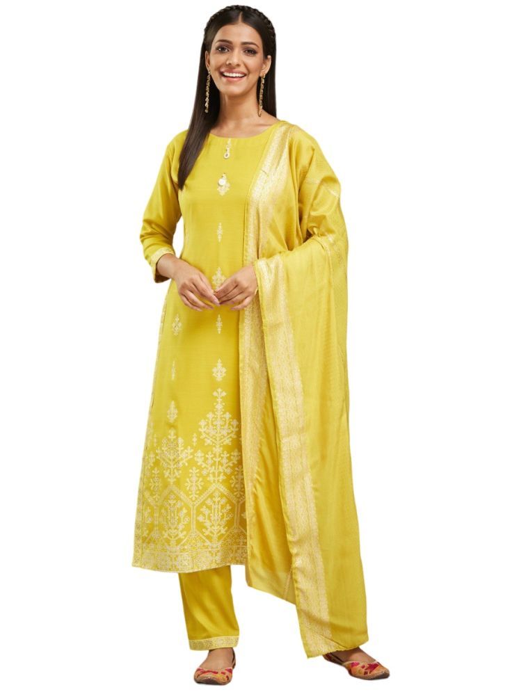     			A TO Z CART Chanderi Embroidered Kurti With Pants Women's Stitched Salwar Suit - Yellow ( Pack of 1 )