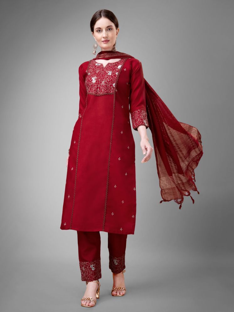     			SILK SUTRA Cotton Blend Embroidered Kurti With Pants Women's Stitched Salwar Suit - Maroon ( Pack of 1 )