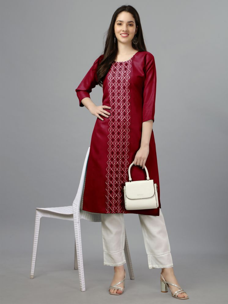     			SILK SUTRA Cotton Blend Embroidered Kurti With Pants Women's Stitched Salwar Suit - Maroon ( Pack of 1 )