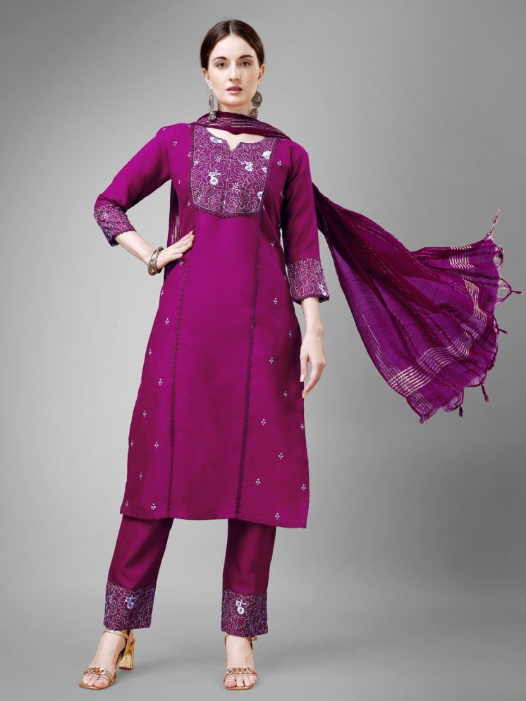     			SILK SUTRA Cotton Blend Embroidered Kurti With Pants Women's Stitched Salwar Suit - Purple ( Pack of 1 )