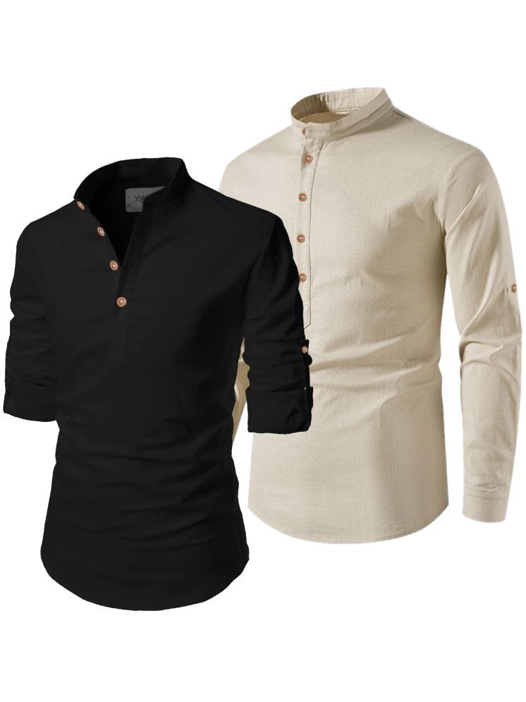     			UNI VIBE Beige Cotton Blend Men's Shirt Style Kurta ( Pack of 2 )